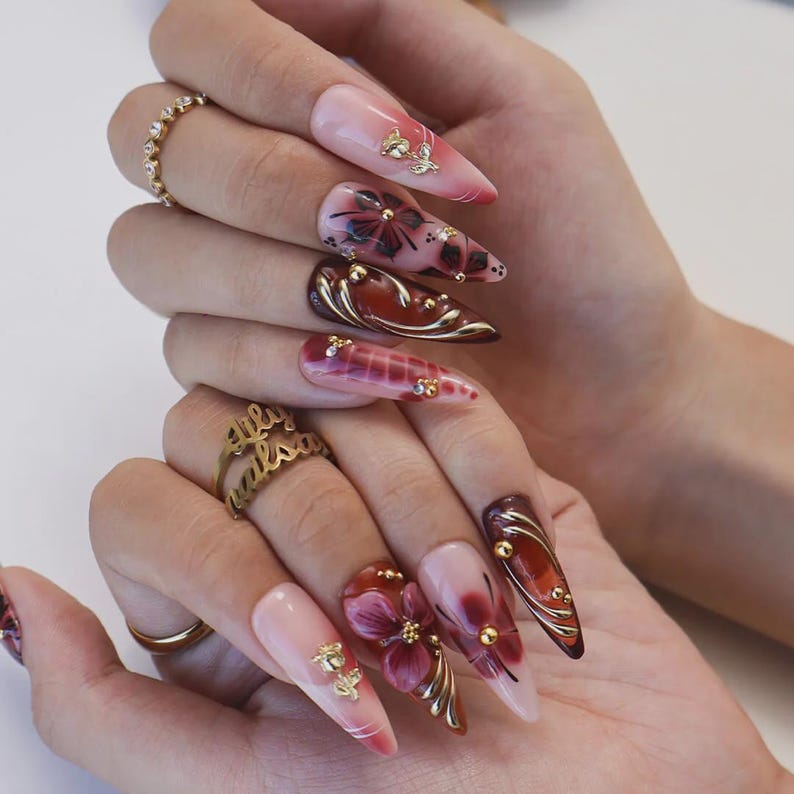 Autumn Press On Nails with 3D Floral Burgundy & Gold Line | Fake Nails in Long Almond | Handmade Nail Art for Fall Looks, Parties Or Gifts