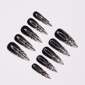 Spider Web Long Stiletto Halloween Press On Nails, Witchy Fake Nails Art for Spooky Season