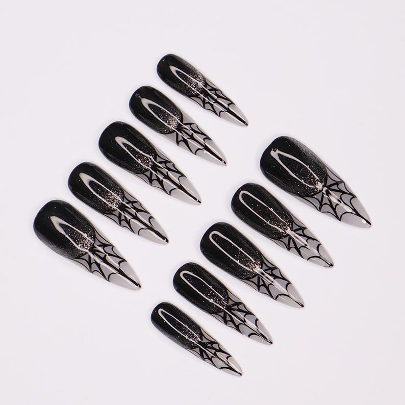 Spider Web Long Stiletto Halloween Press On Nails, Witchy Fake Nails Art for Spooky Season