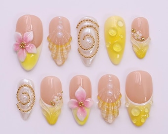 Summer Press on Nails with Vibrant Yellow & Pink Floral | 3D Seashell Fake Nails in Medium Almond | Handmade Nail Art for Vacation, Birthday