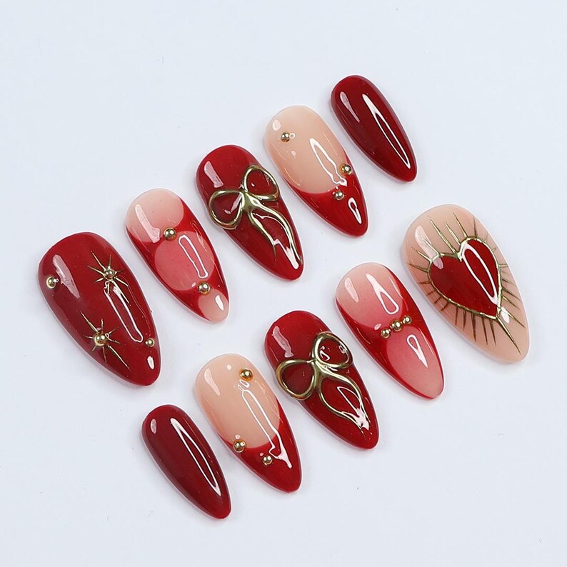 Elegant Dark Red Press-On Nails, Adorned with Bows, Hearts & Gold Gems - Perfect for Holiday Glam or a Thoughtful Gift for Her