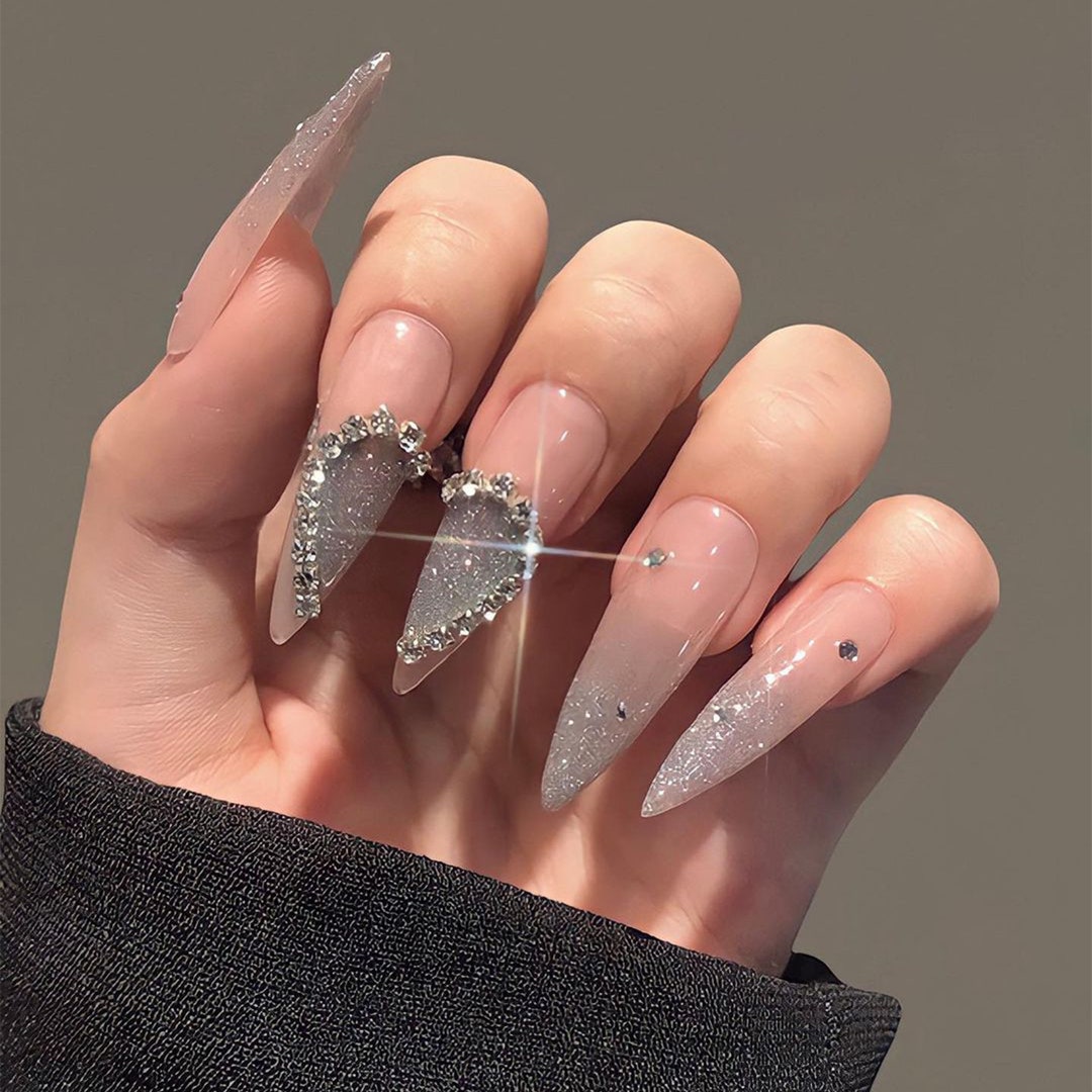 4D Crystal Long Nails with Heart Sparkle