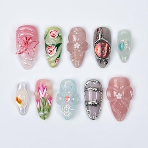 Springtime - 3D Flowers Medium Almond Press on nails, Handmade Floral False Nails for Holiday, Vacation, Birthday, Prom Nails. Gift for Her