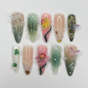 3D Flower Long Almond Handmade Press On Nails, Spring Garden Theme Custom Made False Nails for Birthday Holiday Vacation Prom Nails