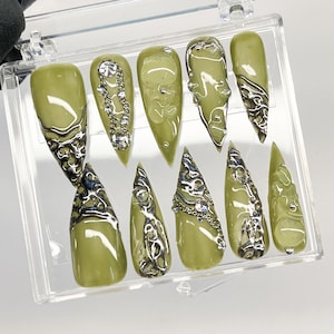 LNA0074 - 3D Chrome Metallic Silver on Trendy Green Long Stiletto Press On Nails Goth, Handpainted Gothic Fake Nails, Y2K Emo Grunge Nails