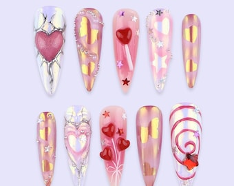 Pink Chrome Heart Press On Nails | Iridescent Valentine Nails with 3D Heart & Star Accents | Long Almond Handmade Nail Art For Date Night