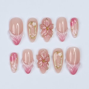 Blush Bloom Elegance Press On Nails with 3D Floral Accents, Gold Details & Pink Ombre, Suitable for Wedding, Events or Gift for Her