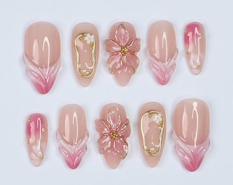Blush Bloom Elegance Press On Nails with 3D Floral Accents, Gold Details & Pink Ombre, Suitable for Wedding, Events or Gift for Her