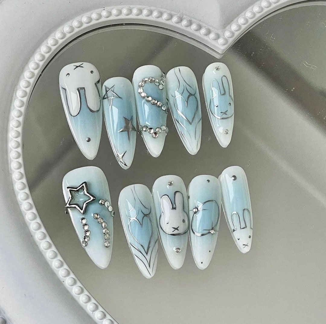 Cute Bunny Blue Almond Press on Nails, Custom Kawaii Long Nails, Y2K ...