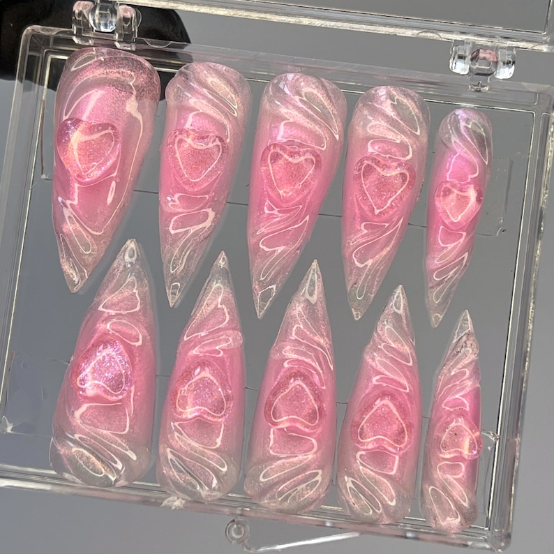 Pink  Heart Theme 3D Gel Long Stiletto Press On Nail, Handmade Custom Fairy Core Nail, Kawaii Nails for Event Birthday, Perfect Gift for Her