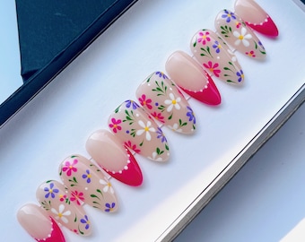 Small Flower on Clear Pink French Tip Short Stiletto Press On Nail, Custom Handpainted Acrylic Spring Fake Nail, Floral Nails