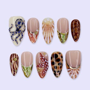 Ocean Life Summer Press On Nails With Octopus, Seashell & Starfish Details | Medium Almond Fake Nails | Handmade Nail Art For Beach Vacation