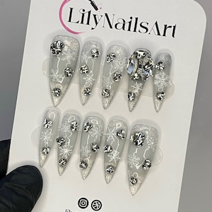 White Snow Christmas Press-On Nails | Festive XMas Holiday Nail Set | Luxury Handmade Fake Nails | Glue-On Nail Art Kit
