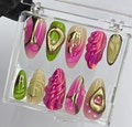 Free Style Pink & Green Almond Press On Nails, Floral Handmade Gel False Nails for Birthday Event Party Holiday Vacation, Spring Nails