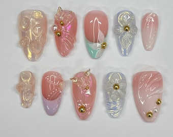 Cute 3D Flower & Butterfly Medium Almond Press On Nails, Handmade Gel False Nails for Birthday Event Party Holiday Vacation