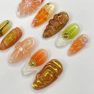 Sunset With Orange Fruit & 3D Flower Almond Press On Nails, 3D Gel Fairycore Fake Nails, Dreamy Nails for Birthday Vacation Holiday