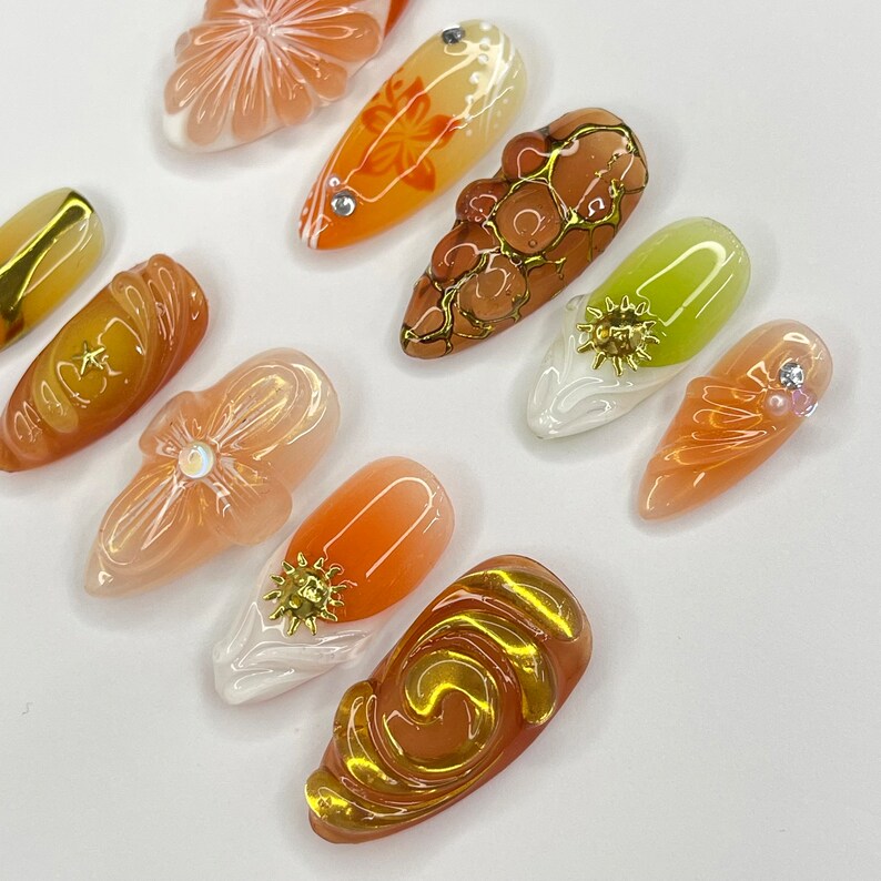 Sunset With Orange Fruit & 3D Flower Almond Press On Nails, 3D Gel Fairycore Fake Nails, Dreamy Nails for Birthday Vacation Holiday