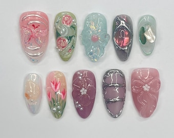 Springtime - 3D Flowers Medium Almond Press on nails, Handmade Floral False Nails for Holiday, Vacation, Birthday, Prom Nails. Gift for Her