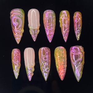 FreeStyle Chrome Long Stiletto Press on nails, Fake/False Nails, Prom/Party/Trip Nails, 3D Gel Nail Art, Gift for Her/BFF/Mom