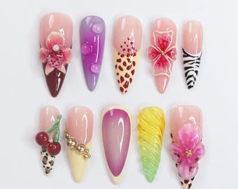 Press on Nails Tropical With Leopard & Floral | 3D Flower and