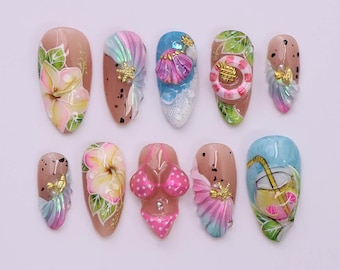 Summer Press on Nails Bikini Art with Plumerias & Seashells | 3D Fake Nails in Long Square | Handmade Nail Art for Holiday, Vacation, Party