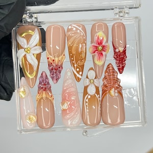 3D Flower Long Almond Press On Nails, Floral Handmade Gel False Nails for Birthday Event Party Holiday, Vacation or Gift For Her