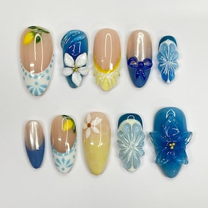 Press On Nails Lemon Art with Plumeria | 3D Floral Fake Nails in Medium Almond | Handmade Summer Nail Art for Holiday, Vacation, Birthday