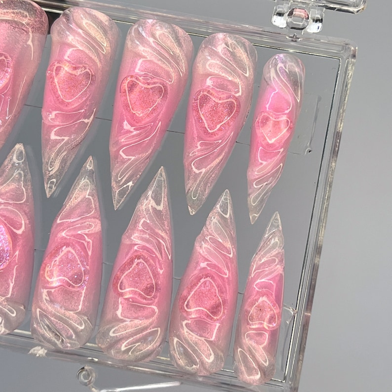 Pink  Heart Theme 3D Gel Long Stiletto Press On Nail, Handmade Custom Fairy Core Nail, Kawaii Nails for Event Birthday, Perfect Gift for Her