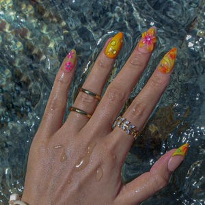 Summer Press On Nails Citrus Bloom with Tropical Florals | 3D Fake Nail in Medium Almond | Handmade Nail Art for Holiday, Vacation, Birthday