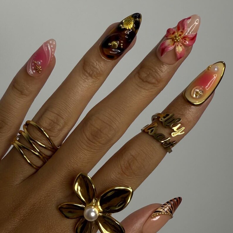 Summer Press on Nails with Sun & Gold Detail | 3D Floral Fake Nails in Medium Almond | Handmade Ocean Nail Art for Holiday, Vacation, Party