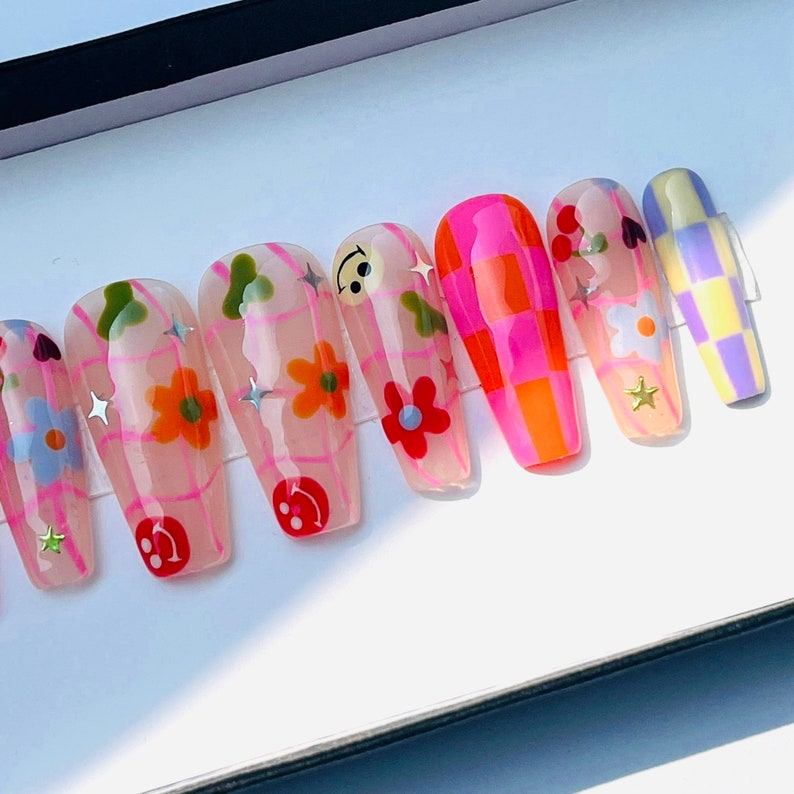 LNA0013 - Colorful Checkered and Flower, Funface On Almond Press On Nail, Custom Handpainted Fake/False Nail, Floral Nails, Spring Nails