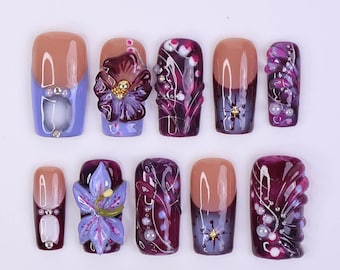 Fall Press on Nails with Deep Purple Flowers | 3D Handmade Fake Nails in Medium Square | Romantic Nail Art for Holiday, Vacation, Party