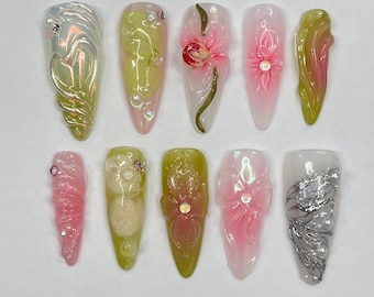 3D Flower Long Almond Handmade Press On Nails, Spring Garden Theme Custom Made False Nails for Birthday Holiday Vacation Prom Nails