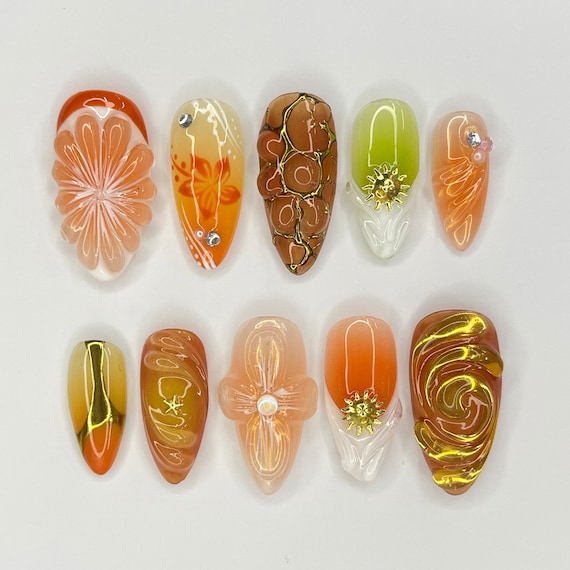 Sunset With Orange Fruit & 3D Flower Almond Press On Nails, 3D Gel Fairycore Fake Nails, Dreamy Nails for Birthday Vacation Holiday