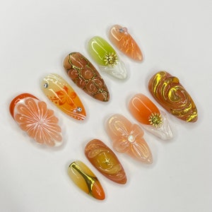 Sunset With Orange Fruit & 3D Flower Almond Press On Nails, 3D Gel Fairycore Fake Nails, Dreamy Nails for Birthday Vacation Holiday