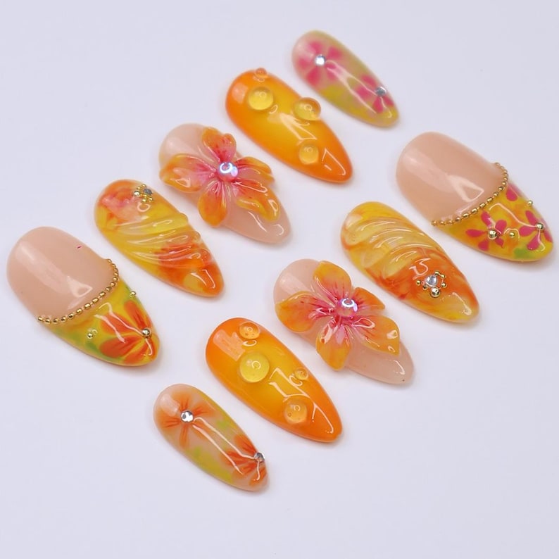 Summer Press On Nails Citrus Bloom with Tropical Florals | 3D Fake Nail in Medium Almond | Handmade Nail Art for Holiday, Vacation, Birthday