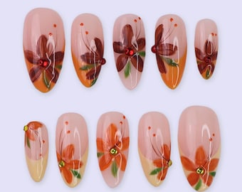 Autumn Press On Nails with Orange & Brown Flowers | Floral Fake Nails in Medium Almond | Handmade Nail Art for Fall Looks, Parties Or Gifts