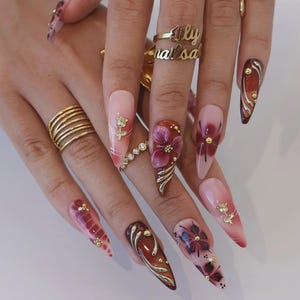 Autumn Press On Nails with 3D Floral Burgundy & Gold Line | Fake Nails in Long Almond | Handmade Nail Art for Fall Looks, Parties Or Gifts