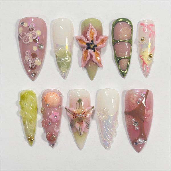 Fairy Dream Flower Garden Long Stiletto Press On Nails, 3D Gel Fairycore Fake Nails, Dreamy Nails for Birthday Vacation Holiday