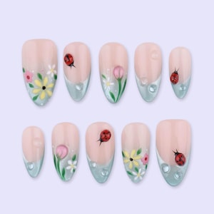 Spring Floral Press On Nails with Ladybug, Dew Drop & Hand Painted Flowers | Medium Almond Fake Nails | Cute Garden Handmade Nails Art