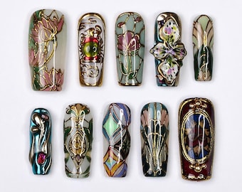 Vitrella Stained Glass Press-On Nails – 3D Gold Details, Floral Accents & Jewel Tones, Handmade Long Square Nails for Art and Vintage Lovers