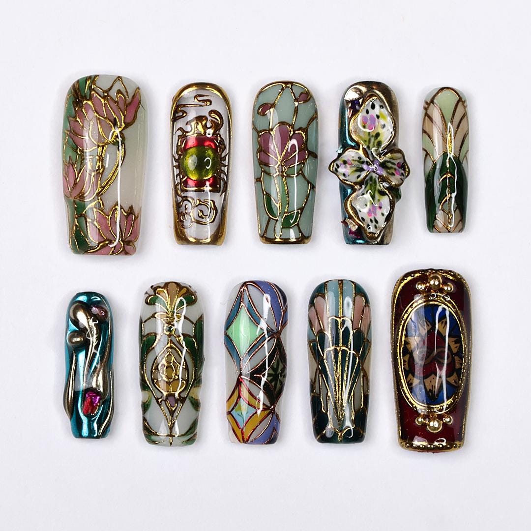 Vitrella Stained Glass Press-On Nails – 3D Gold Details, Floral Accents & Jewel Tones, Handmade Long Square Nails for Art and Vintage Lovers