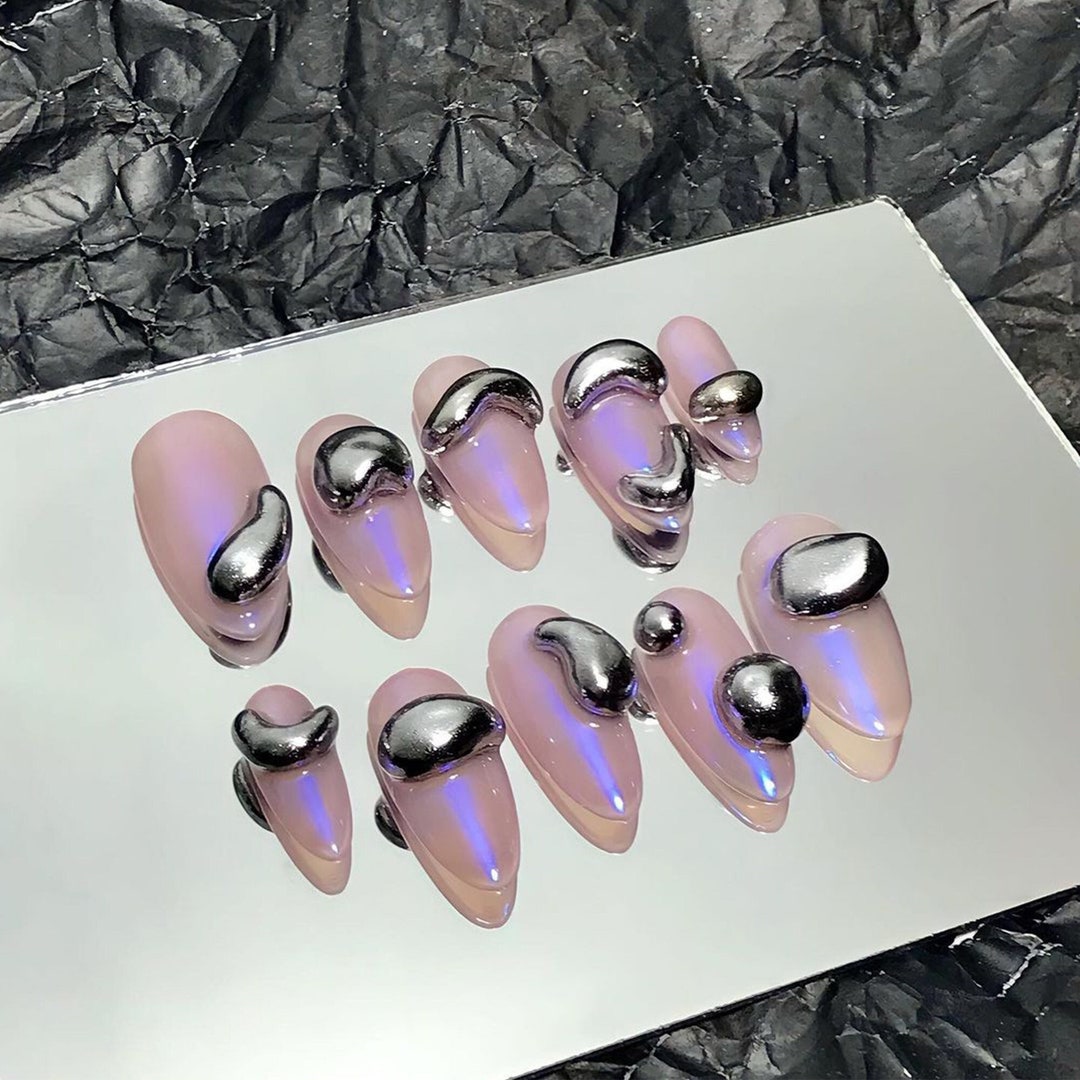 3D Silver Drops in Pink Almond Press on Nails, Custom Fake Nails, False ...