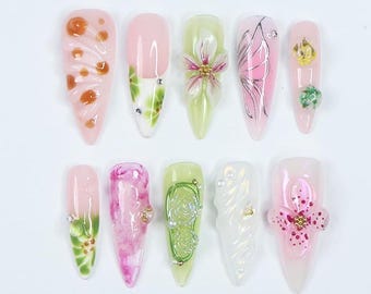 Press On Nails Petaluxe Floral & Butterfly Art | 3D Flower Fake Nails Medium Stiletto | Handmade Pastel Nail Art for Wedding, Party, Event