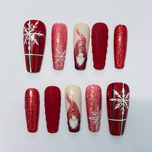 Red and White Coffin Press-On Nails | Festive Christmas Holiday Design | Custom Luxury Nail Art | Handmade False Nail Set