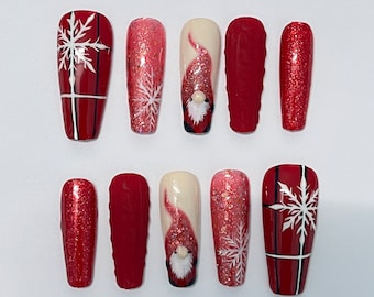 Red and White Coffin Press-On Nails | Festive Christmas Holiday Design | Custom Luxury Nail Art | Handmade False Nail Set