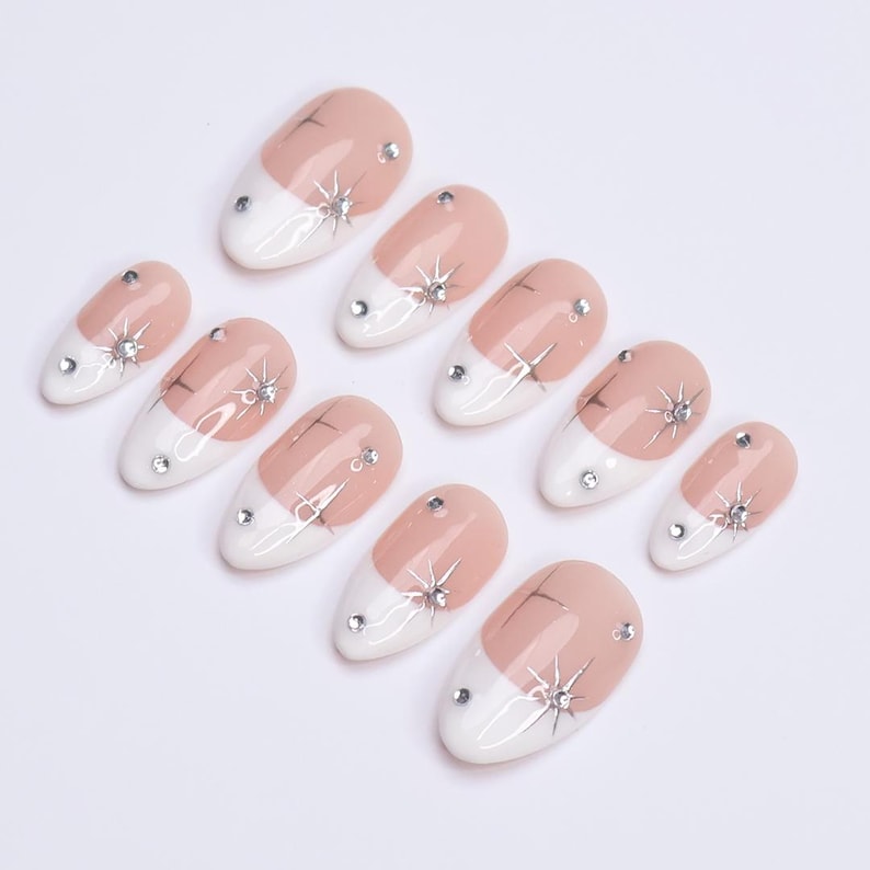 Minimal Press on Nails Silver Stars with White French Tip | Everyday Fake Nail Art in Short Almond | Handmade Nail Art for Holiday, Birthday