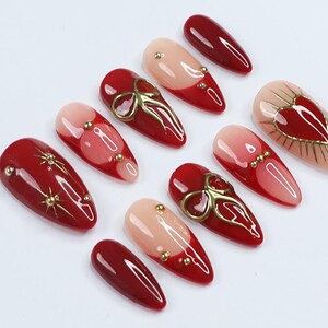 Elegant Dark Red Press-On Nails, Adorned with Bows, Hearts & Gold Gems - Perfect for Holiday Glam or a Thoughtful Gift for Her