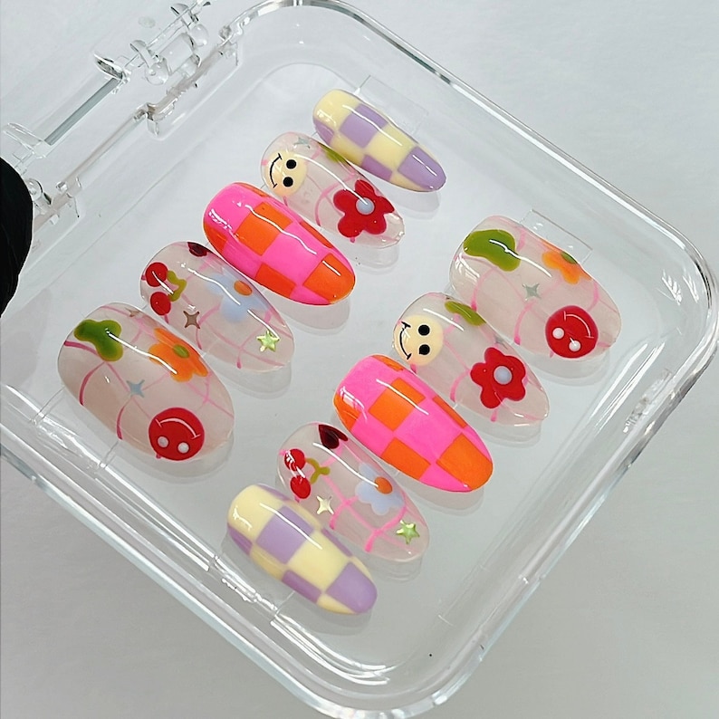 LNA0013 - Colorful Checkered and Flower, Funface On Almond Press On Nail, Custom Handpainted Fake/False Nail, Floral Nails, Spring Nails