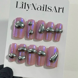 3D Silver Drops in Pink Almond Press on Nails Custom Fake - Etsy